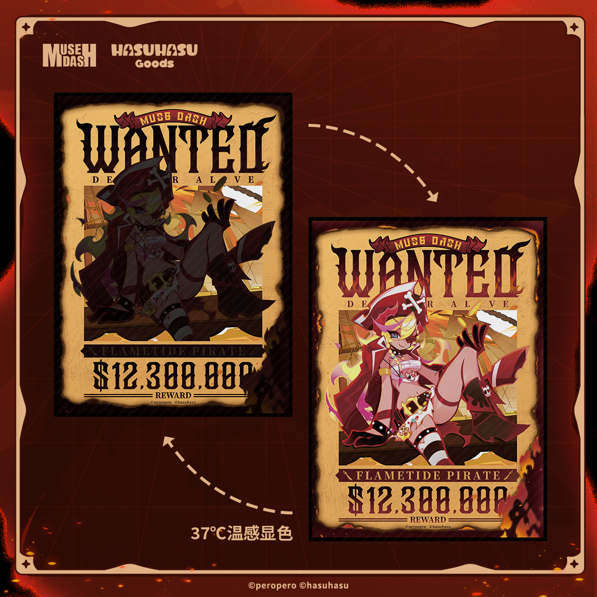 Muse Dash Flametide Pirate Rin Burn-to-reveal Polaroid+Wanted Heat-sensitive Poster